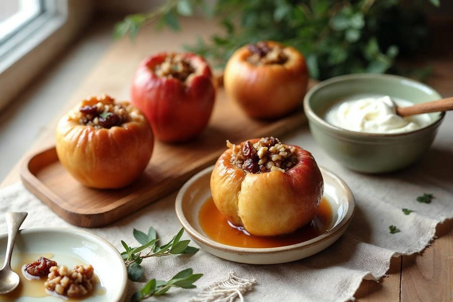 Печени ябълки с орехи, фурми и канела